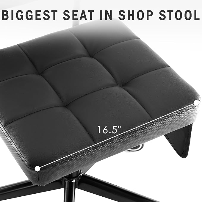 WUDOYO Adjustable Rolling Shop Stool with Tool Bags, Black Padded Seat, TPE Wheels, Real Backrest, Easy Handrail (Regular Work Seat Height(18-25"))