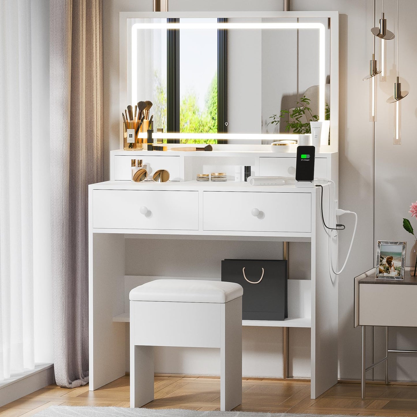Haewon White Makeup Vanity with Lighted Mirror and Charging Station, Vanity Table Set with Adjustable Lighting, 4 Drawers, Storage Chair for Bedroom