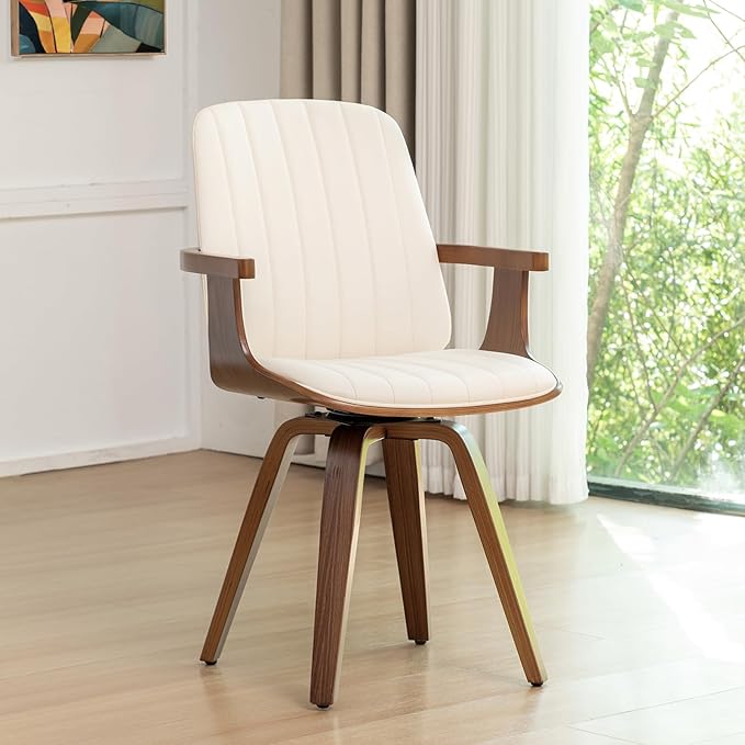 WUPOTO Set of 1 Swivel Dining Chair, Mid Century Modern Dining Chair with Walnut Craftsmanship, Upholstered Faux Leather, Wooden Arms and Legs, Kitchen Chair with Arms for Kitchen/Living Room - Beige
