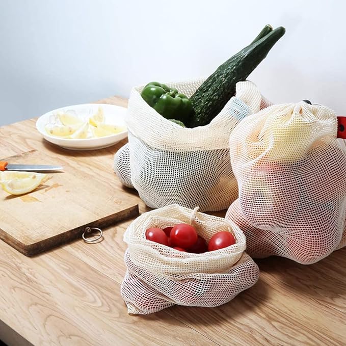 Reusable Organic Cotton Mesh Produce Bags Washable Reusable Grocery Bags Heavy Duty Bag Mesh Bags for Shopping, Vegetables & Fruits (6 Sizes (2L+2M+2S))