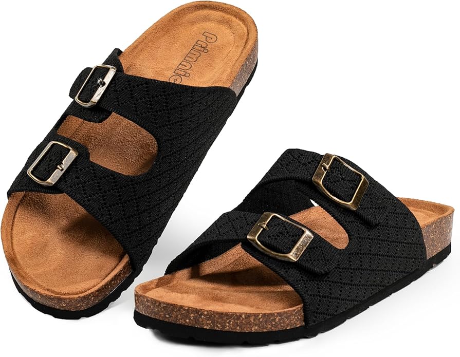 PRIMNICE Women's Comfy Arch Support Cork Footbed Adjustable Knitting Straps Indoor and Outdoor Slides Sandals