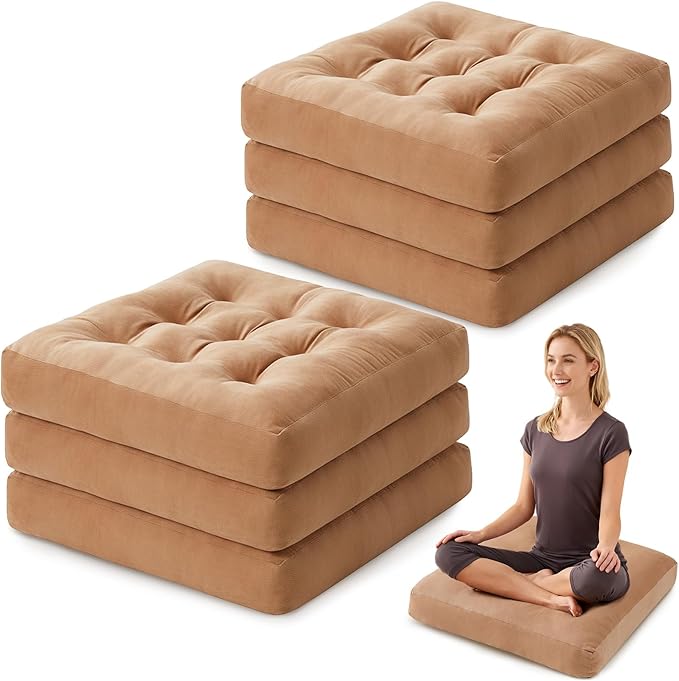 SM-XLHN Meditation Floor Pillow Set of 6, Square Large Pillows Seating for Adults, Meditation Cushion Pillow,Tufted Corduroy Cushion for Tatami Living Room or Yoga, Coffee, 22x22 Inch