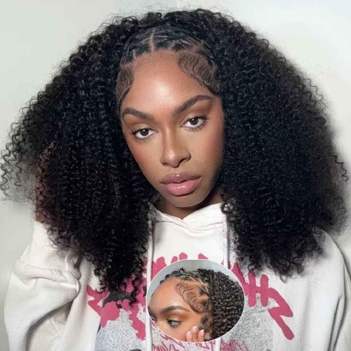 Larhali Kinky Curly Half Wig Human Hair 180% Density Wear And Go Glueless Wigs Human Hair 16 Inch Curly 3 In 1 Half Wigs for Women Drawstring Seamless Flip Headband Wig Beginner Friendly