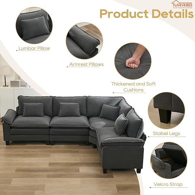 URRED Cloud Couch Modular Sectional Sofa, 116" Modern L Shaped Deep Seat Sofa with Pillows, Ultra Comfy Velvet Corner Couches for Living Room, Bedroom or Apartment, Dark Gray