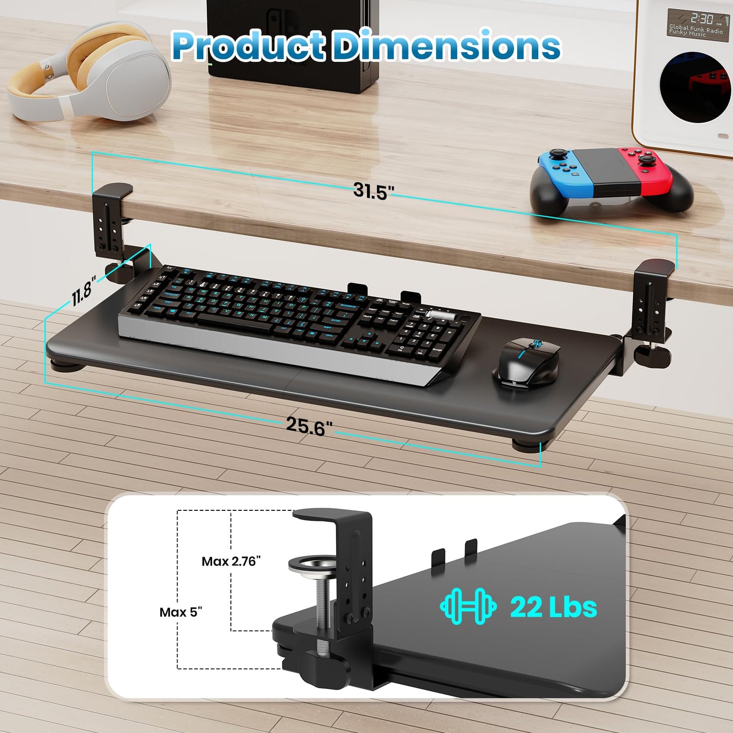 Zontera Large Keyboard Tray That Slides Out from Under The Desk, Pull Out with Adjustable C-clamp, 25.6 x 11.8 Inch Computer Keyboard Drawer Mouse Tray for Typing, Black