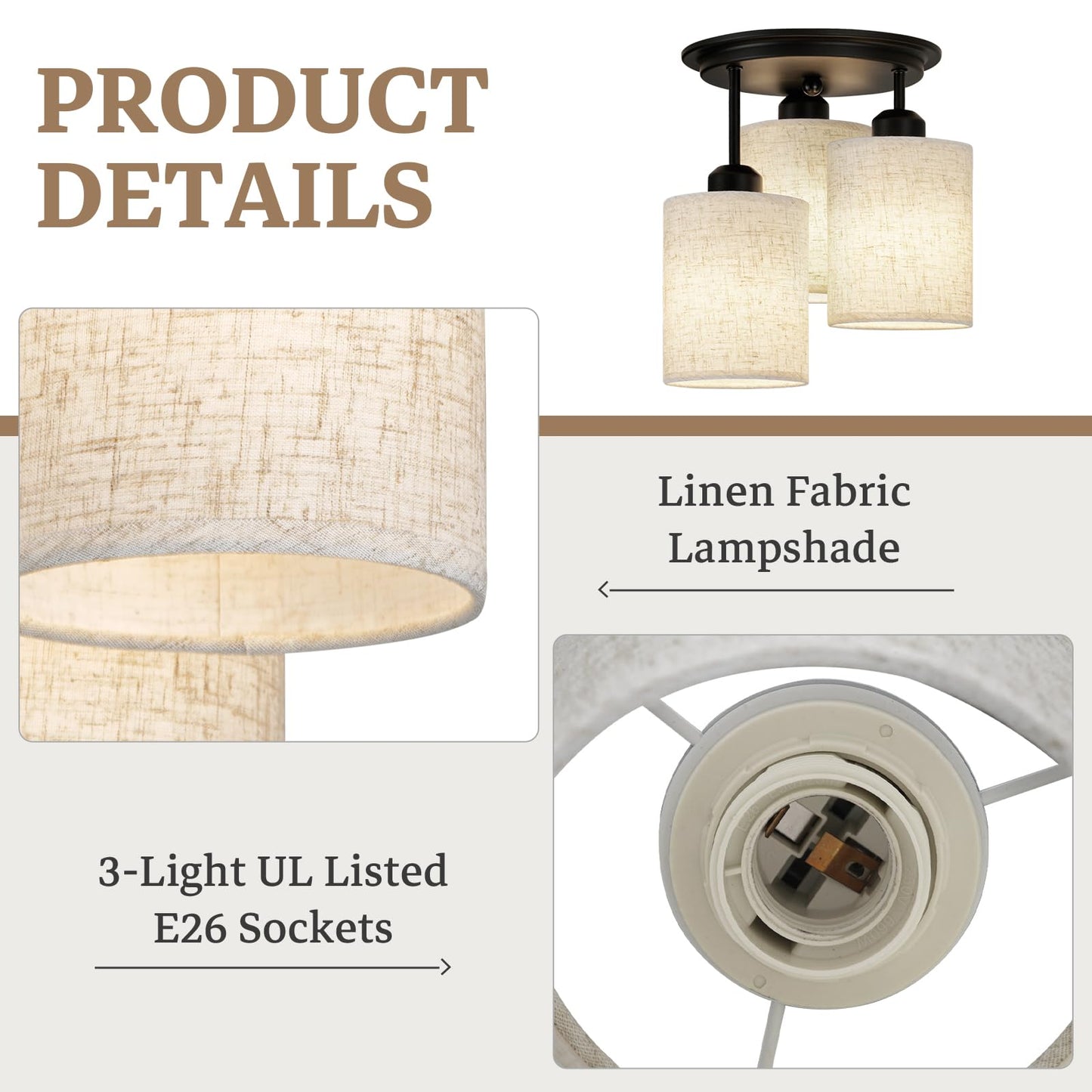 Scyvenra Semi Flush Mount Ceiling Light, 3-Light Close to Ceiling Light Fixtures, Matte Black Kitchen Light Fixtures with Linen Fabric Shade, Hallway Light Fixtures Ceiling Mount for Foyer Entryway
