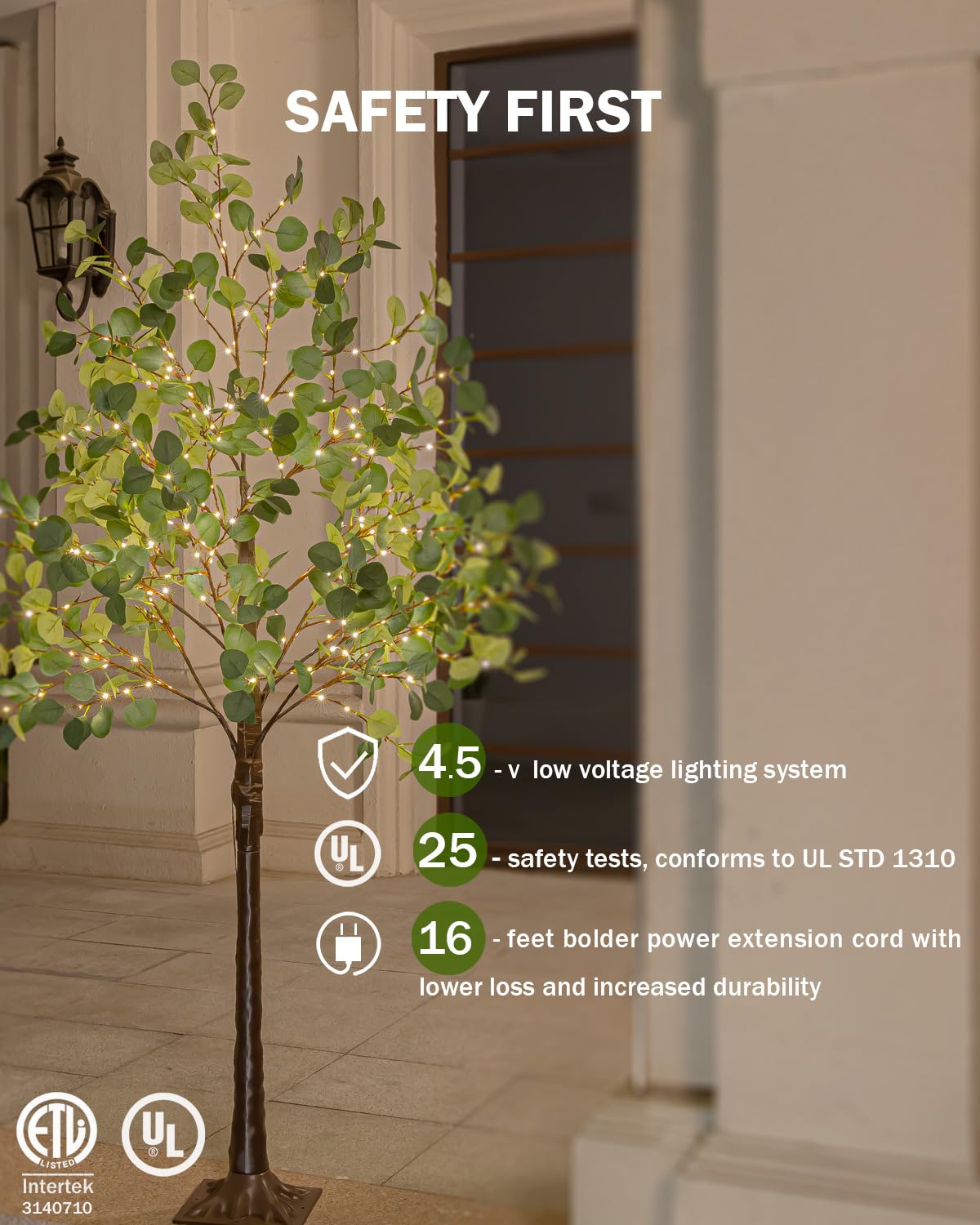 TYBEEU 6ft Lighted Eucalyptus Tree with 300 Warm White LED Lights for Holiday Decor - Dimmable, UL Certified, Waterproof - Ideal for Indoor and Outdoor Decoration
