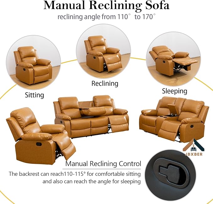 JBXBER Manual Recliner Sofa Set for Living Room, Leather Reclining Sofa Sets, Faux Leather Couch Set with Cup Holders, Drop-Down Table and Storage Console(Loveseat,Ginger)