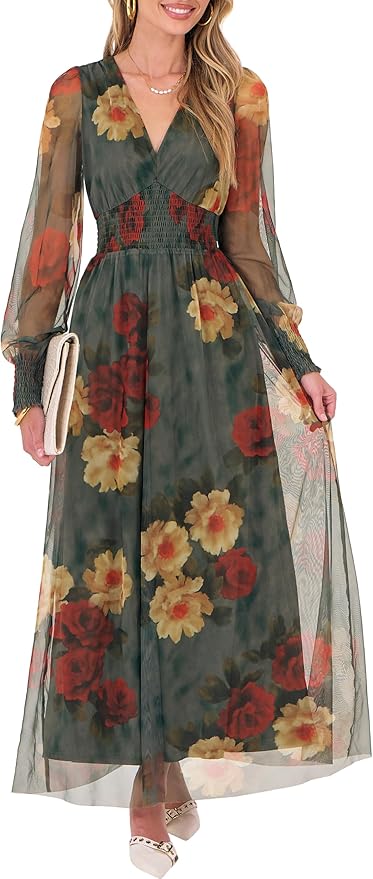 ANRABESS Women's Floral Maxi Dress 2025 Fall V Neck Puff Long Sleeve Flowy Casual Wedding Guest Tea Party Tulle Dresses