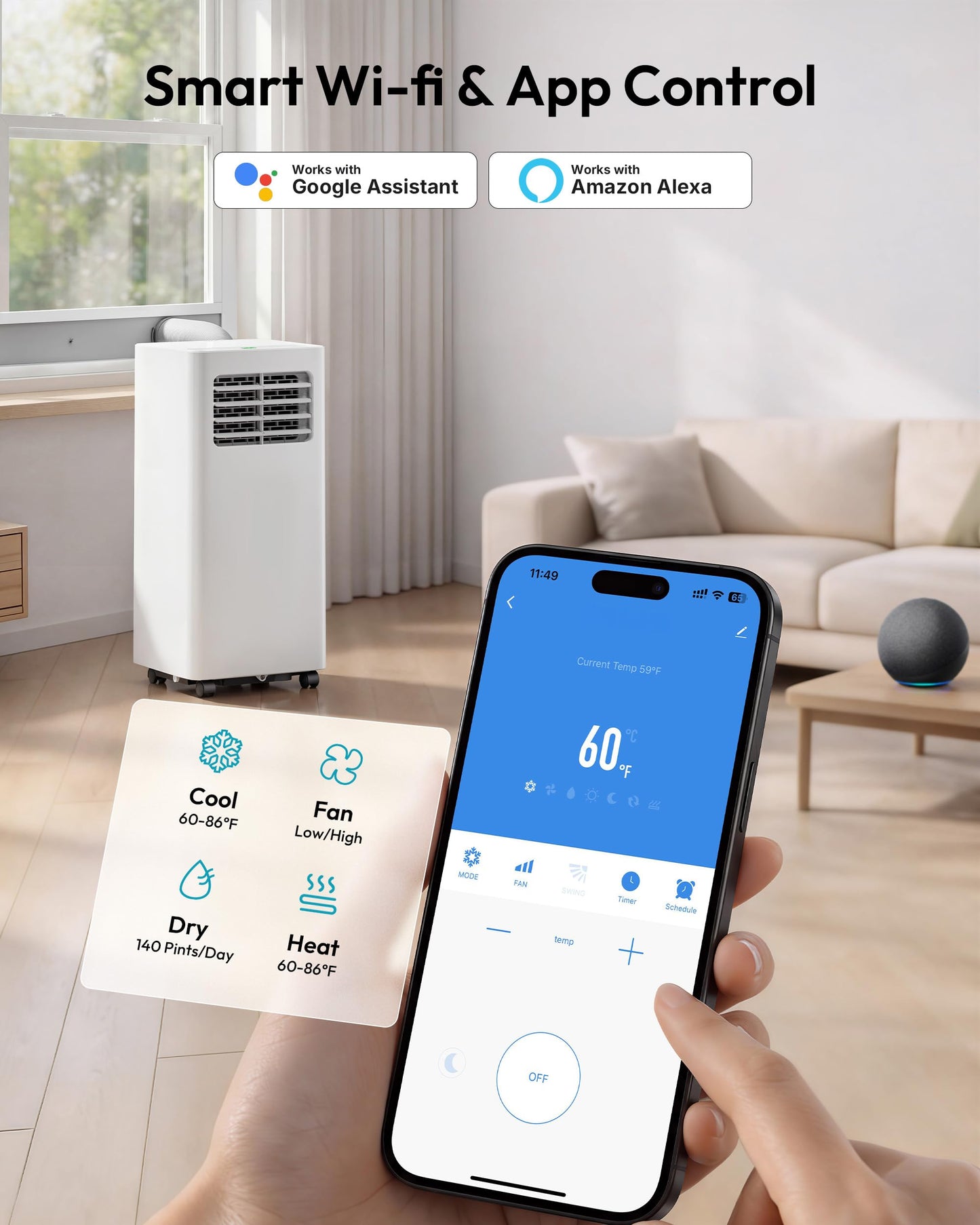 EUHOMY Portable Air Conditioners 14,000 BTU, 5-in-1 Portable AC Unit Up to 650 Sq.Ft. for Bedroom with Cool, Heat, Fan, Dehumidifier, Sleep, AC Units with LED Remote & 24H Timer, Installation Kits