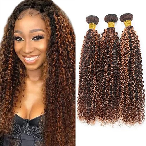 Giginger Jerry Curly Human Hair Bundles 16 18 20 Inch Brazilian Chocolate Brown Highlight P4/30 Jerry Curly Bundles Human Hair 100% Unprocessed Raw Quick Weave Hair for Black Women