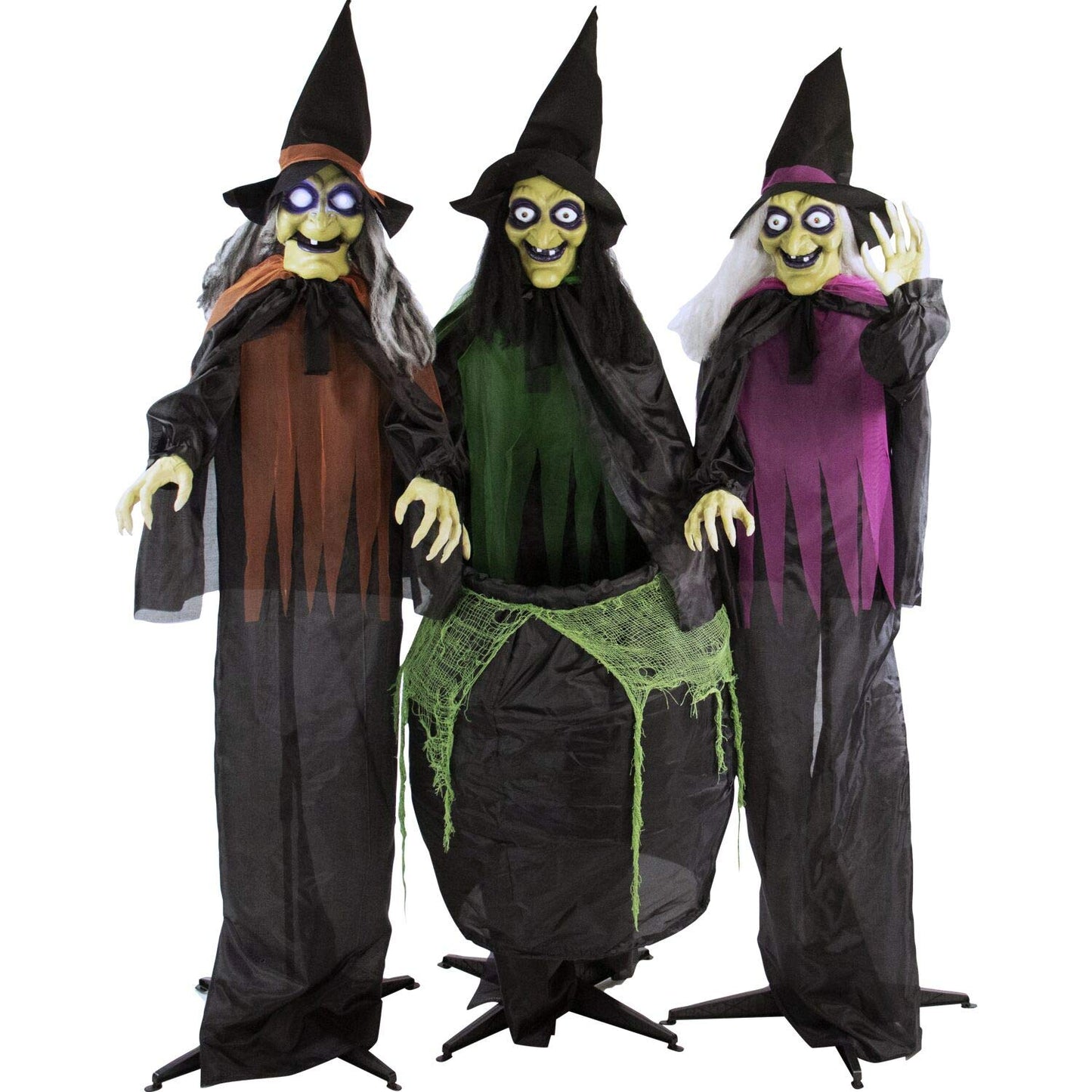 Haunted Hill Farm Life-Size Scary Talking 3 Witches with Cauldron Halloween Animatronic, Indoor or Covered Outdoor Poseable Halloween Decorations with Light up Eyes and Sound, Battery Operated