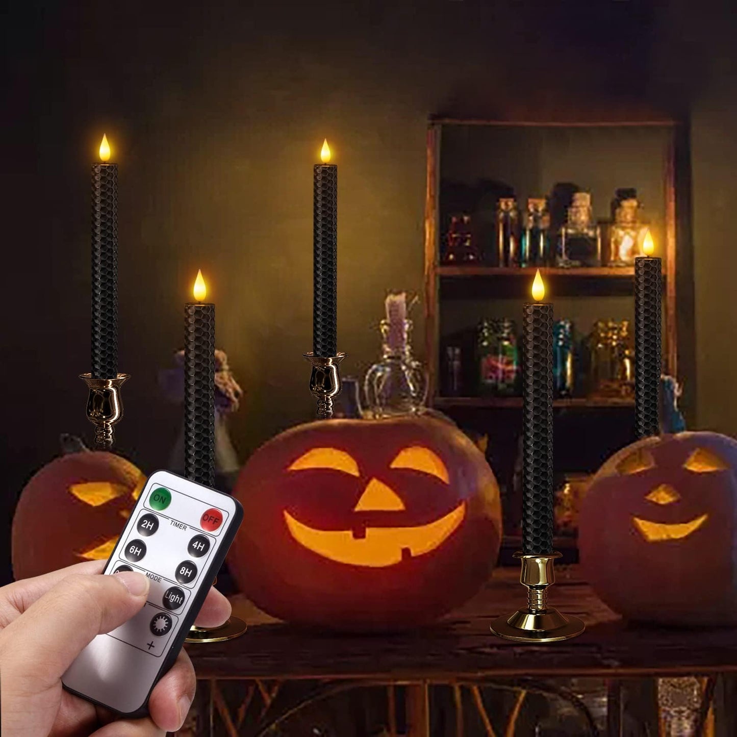 SoulBay Black Flameless Taper Candles, 9.7" Battery Operated Real Wax Honeycomb LED Window Candle Sticks with Remote & Timer, Flickering Realistic Bright Lights for Table Halloween Decorations, 6PCS