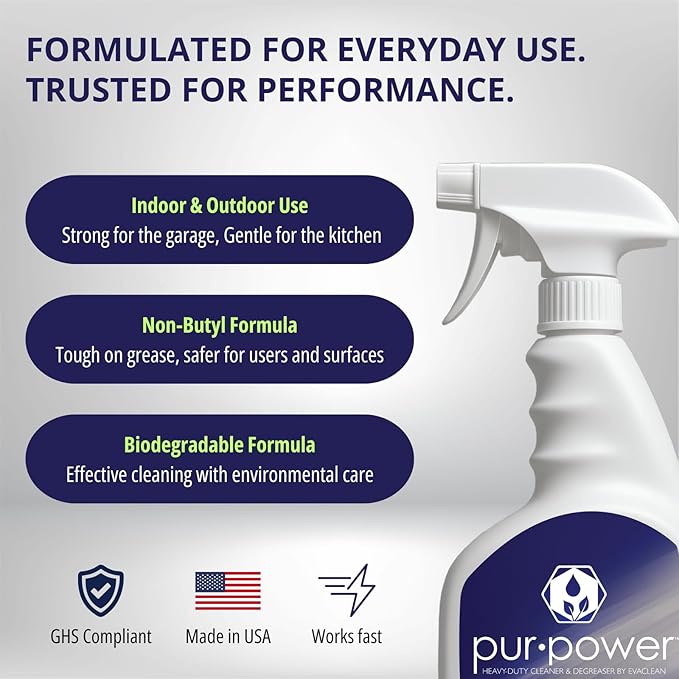 EvaClean PurPower Cleaner and Degreaser – Ready to Use, 2-Pack Spray Bottles 32 FL Oz. Each, Heavy Duty, Non-Butyl Formula, Grease, Oil, Grime Remover for Kitchen, Garage, Engine, Concrete