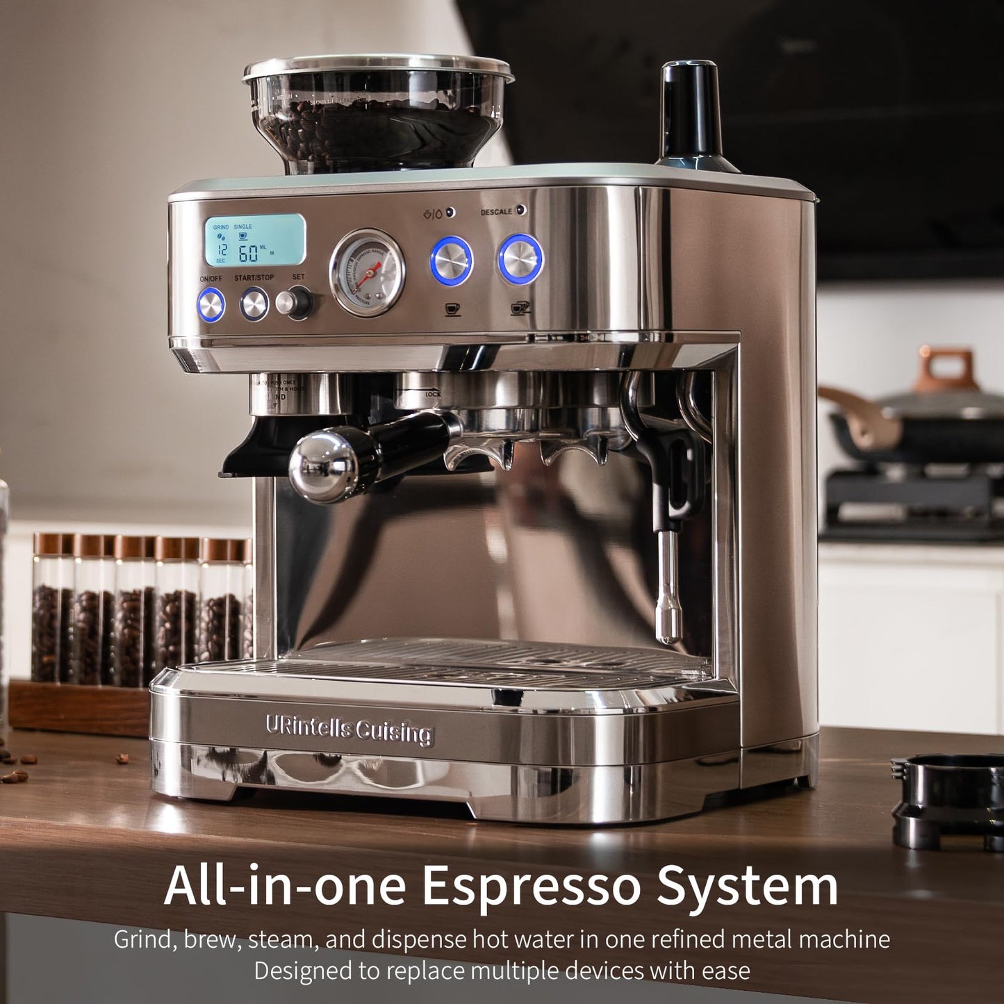 URintells Cuising Espresso Machine with Grinder, All-in-One Coffee Maker with PID Temperature Control & 15 Bar Italian ULKA Pump, Stainless Steel Barista Machine for Home Latte & Cappuccino