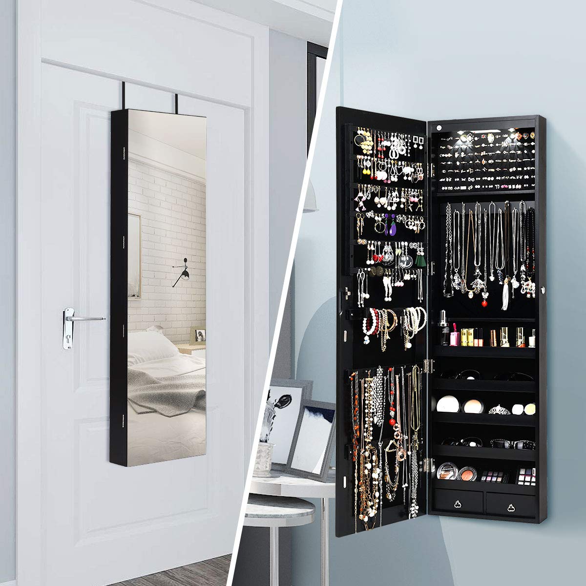 AUGESTER Jewelry Armoire Cabinet with Full-Length Mirror, 2 LEDs, 2 Keys, Makeup Pouch, Bracelet Rod, 2 Drawers, Wall Door Mounted, Full Screen Jewelry Cabinet for Bedroom (Black)