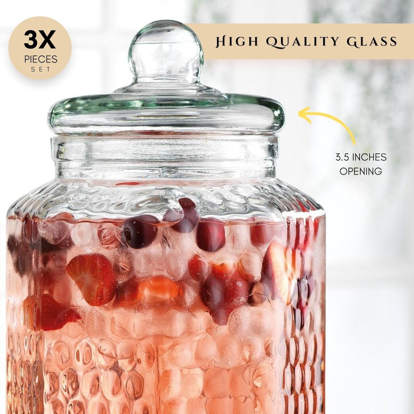 Drink Dispenser Set of 3 - Beverage Dispenser with Stand - Glass Drink Dispensers for Lemonade, Juice, Water, Iced Tea, Punch - 1-Gallon Countertop Party Drink Dispensers