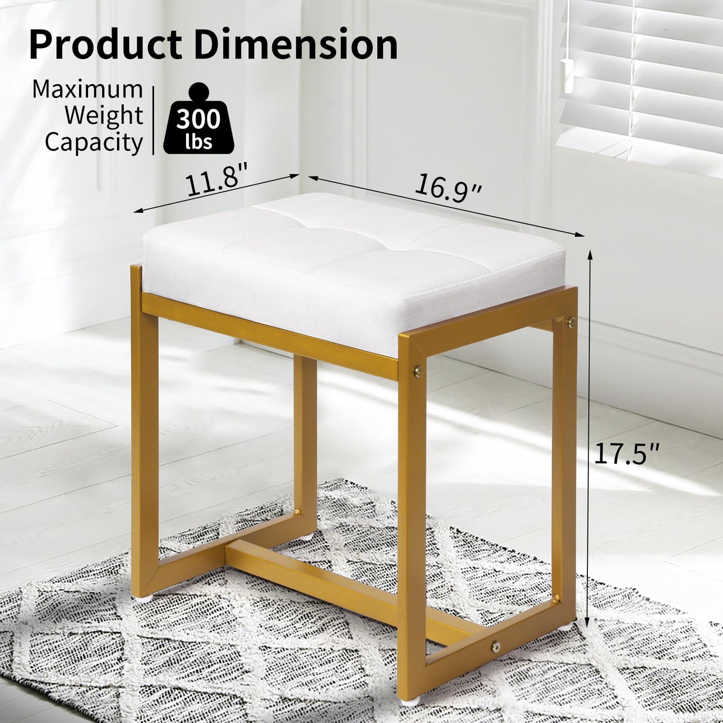 Faux Fur Vanity Stool Chair, Vanity Chair with Gold Metal Leg, Furry Soft Padded Makeup Footstools Seat Ottoman, Modern Chairs for Makeup, Bedroom, Square Small Stool Bench for Vanity White&Gold