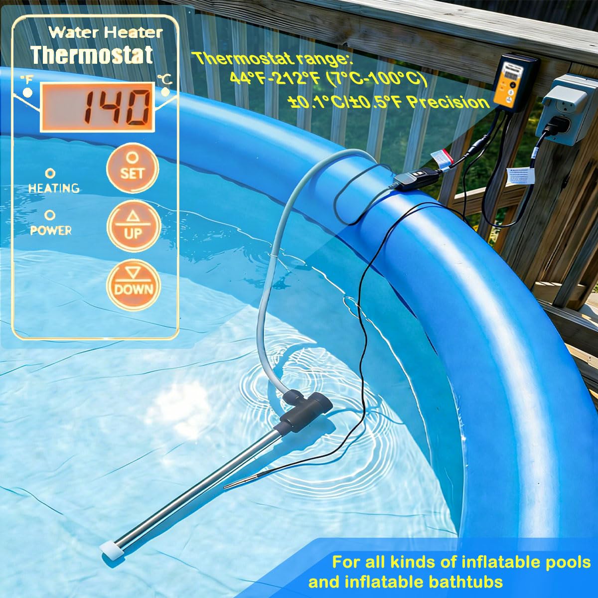 1800W 120V Immersion Water Heater with GFCI, Portable Pool Heater for Small Above Ground Pool, Submersible Hot Tub Heater & Baptismal Pool Heater, Fit Bathtub and Small Inflatable Pool