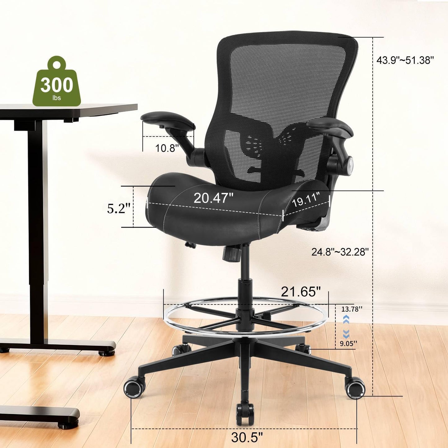 Drafting Chair, Tall Office Chair with PU Leather Seat, Standing Desk Chair Counter Height Office Chairs with 21.65'' Footrest Ring and Adjustable Lumbar Support Armrests Black