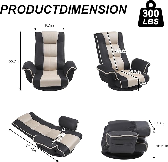 DeeLyan Swivel Floor Chairs for Adults, Floor Gaming Chair with Extra Wide Arms, Back Support 14 Angles Adjustable Comfortable Double Mesh Fabric Lazy Sofa for Video Game Chairs 201 (Grey + Beige)