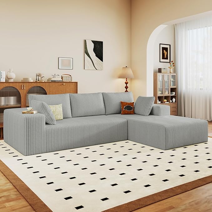 96" Cloud Sectional Couch with L-Shape Chaise, Modern Corduroy Boneless Couch for Living Room,Memory Foam Sofa with Deep Seat,No Assembly Required (Grey,Right-Facing Chaise)