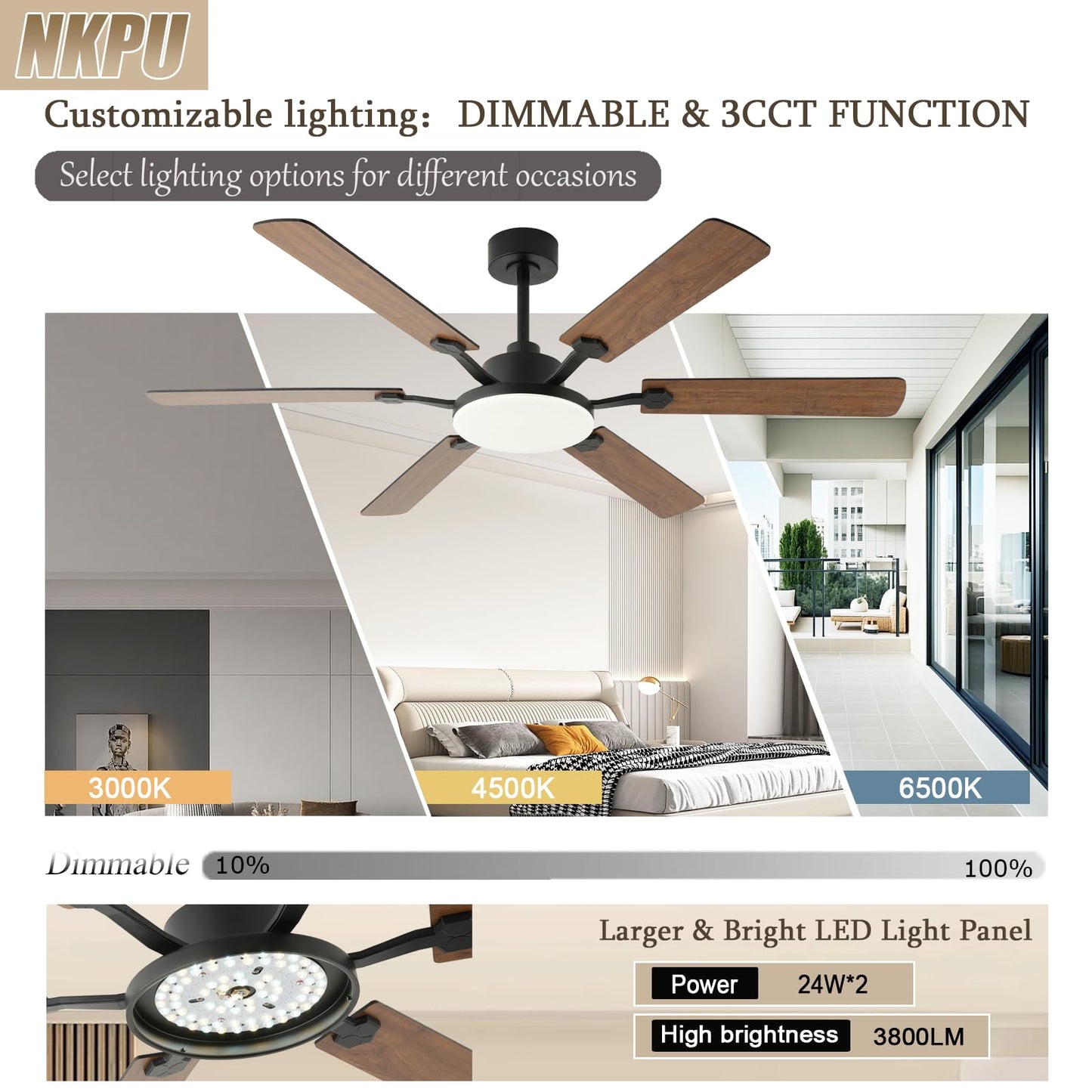60 Inch Ceiling Fans with Lights, Large Modern Brown Ceiling Fan with Light and Remote Control, 6 Double Sided Blades, 6 Speed Reversible Motor, Dimmable LED, Silent Timing, Indoor Outdoor Patio Use