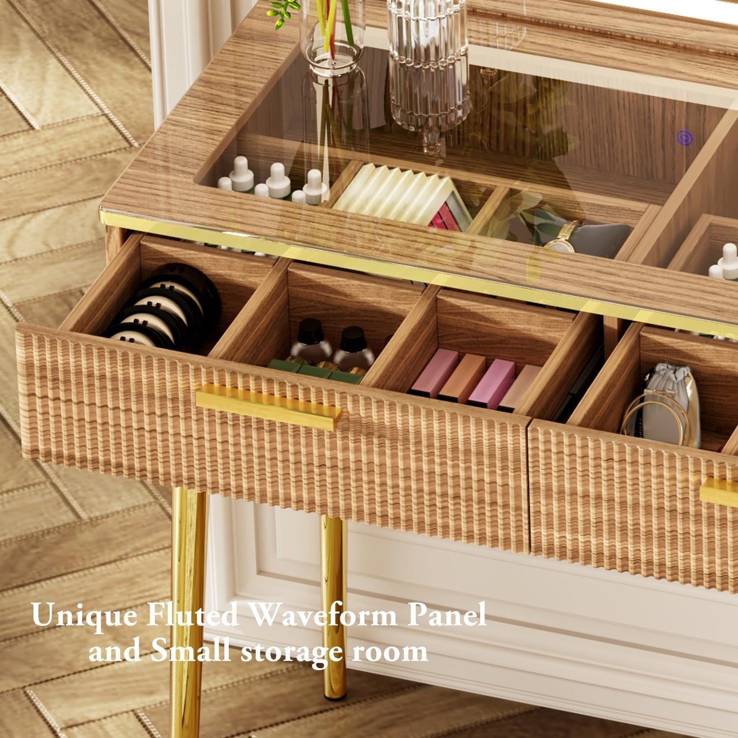 Chrangmay 47.24" Big Modern Vanity Desk with Mirror and Lights,Makeup Vanity Desk with 5 Drawers and Storage Shelves & Power Outlet,Dressing Table with Glass Top, Oak