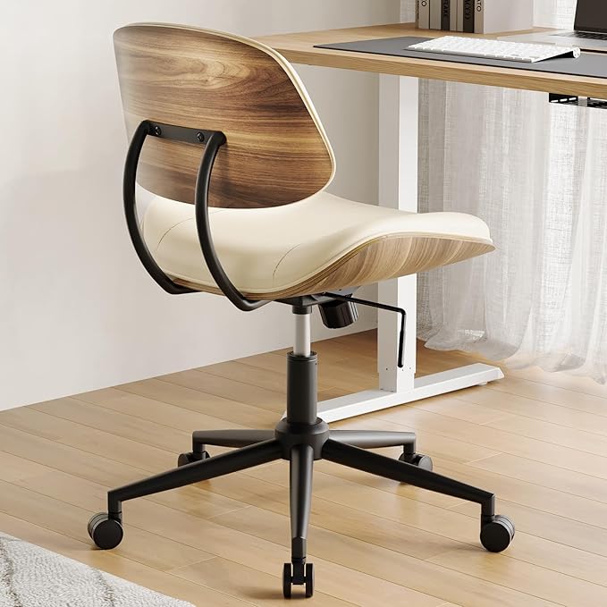 BERYTH Armless Office Chair with Wheels, PU Leather Adjustable Height Desk Chair - 360° Swivel Ergonomic Computer Chair for Small Space, Modern Walnut Style, Home & Meeting Room, Beige