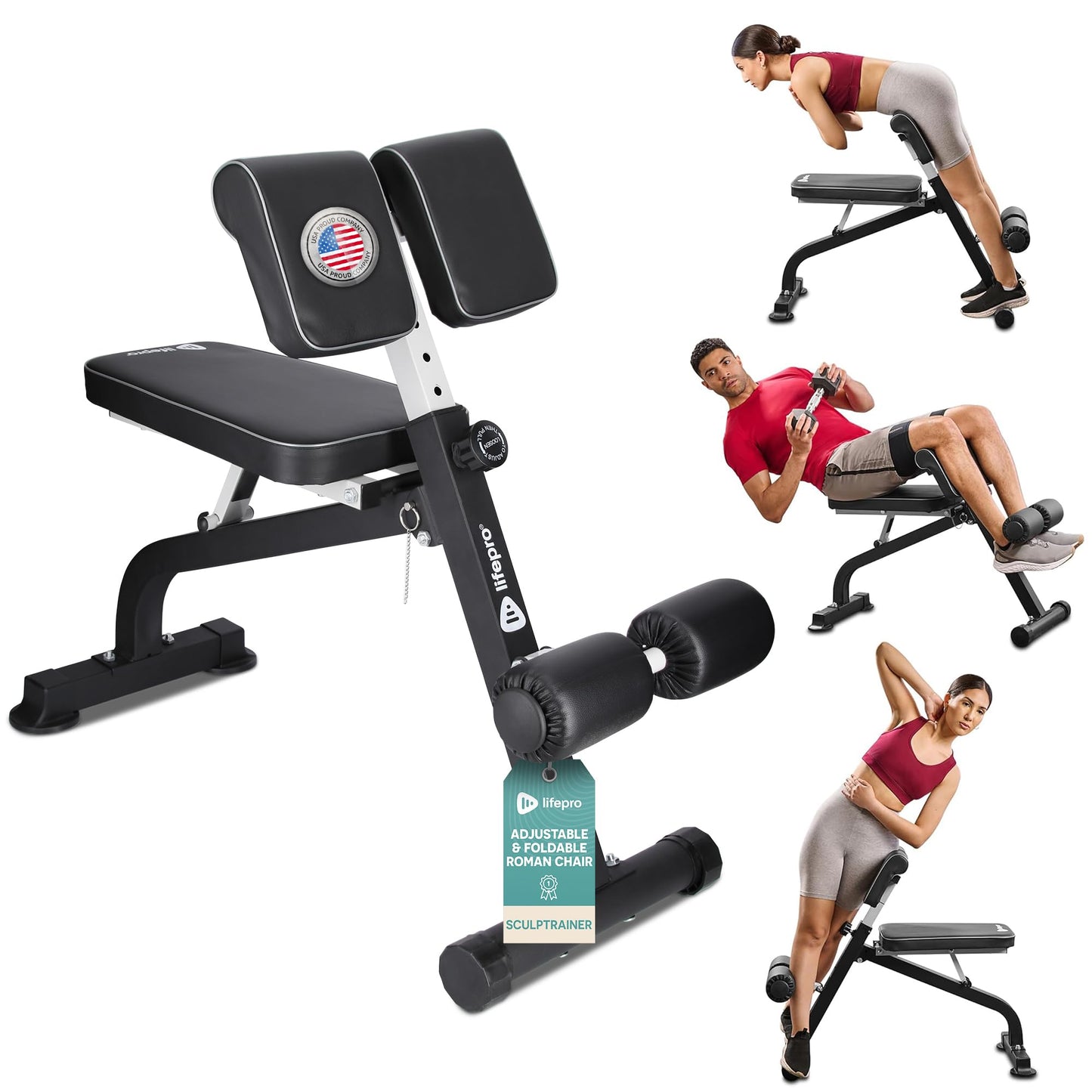 LifePro SculptTrainer Roman Chair with 330 lb Capacity — Incline Adjustable Hyperextension Bench for All-in-One Body Workout — Foldable Home Gym Back Extension Machine for Glutes, Core & Lower Back