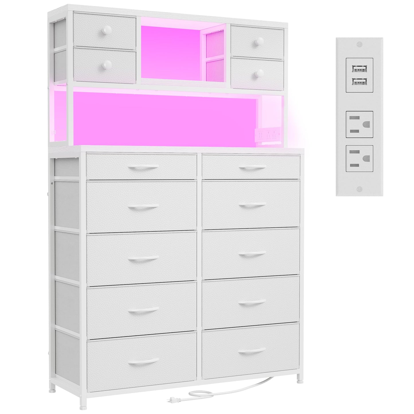 Tall Dresser for Bedroom with 14 Fabric Drawers,White Dresser with Charging Station and LED Lights,Dressers & Chests of Drawers for Bedroom, Steel Frame & Wooden Top for Closet, Entryway