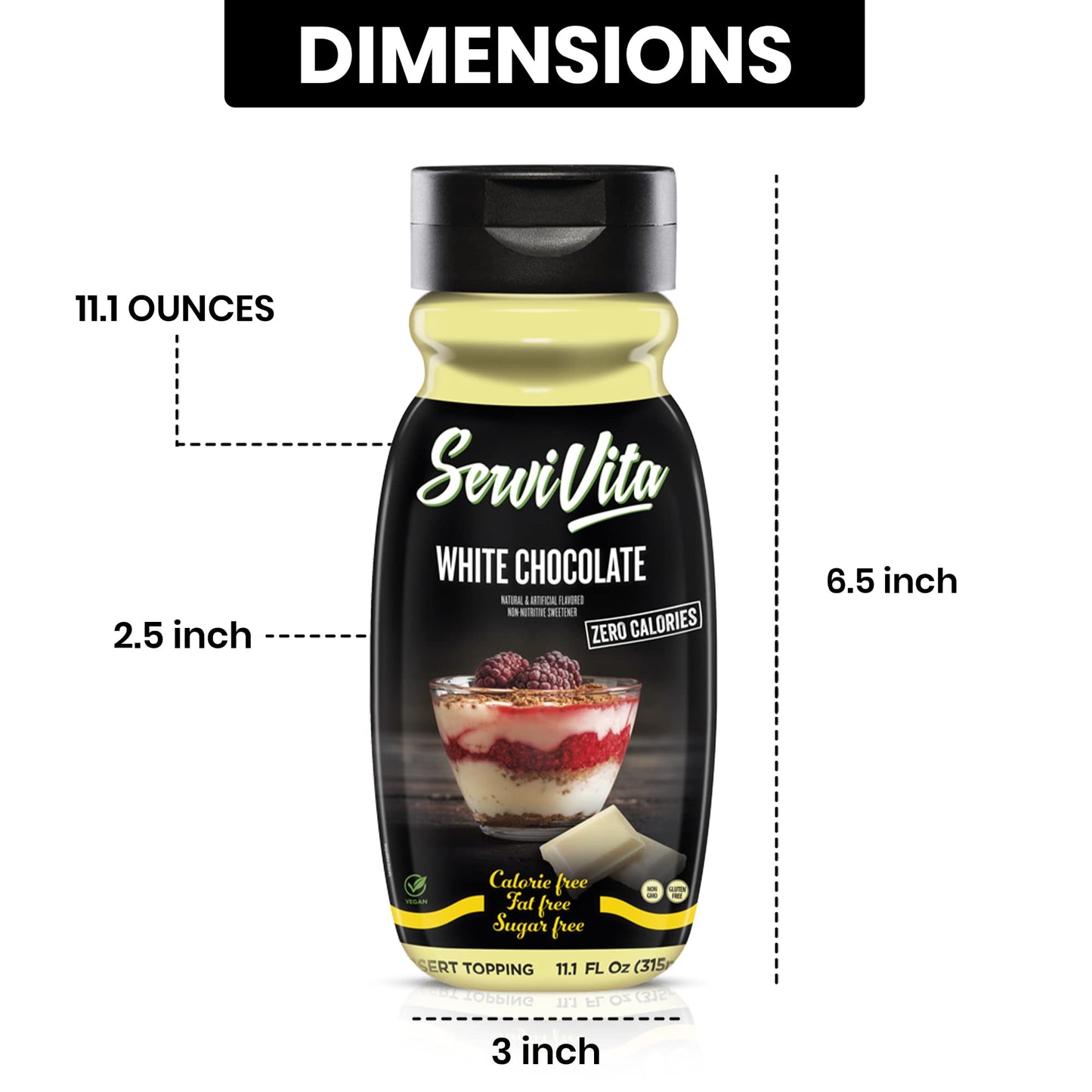 Sugar Free WHITE CHOCOLATE Syrup Zero Calories and Fat Free Topping, 11.1 FL OZ - No Sugar White Chocolate Syrup Dessert Topping Gluten-Free, Non-GMO, Vegan and Keto Friendly - ServiVita