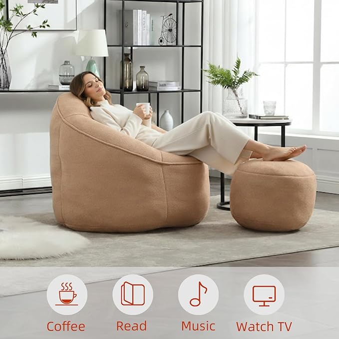 Bean Bag Chairs, Gaint Bean Bag Couch with Memory Foam for Adults and Kids, Microfiber Upholstered Sofa with Ottoman, Comfy Lazy Bean Bag Reading Chair for Living Room