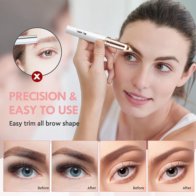 gurelax Eyebrow Hair Remover, Electric Eyebrow Trimmer for Women,Face and Eye Brow Razor with LED Light for Women Rechargeable with 2 x Replacement Heads (White)