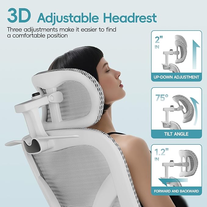 Alllion Ergonomic Mesh Office Chair, Home Desk Chair Comfy High Back with Adjustable Lumbar Support, 3D Headrest, Flip-up Arms, Big and Tall Reclining Computer Gaming Chairs for Men Women, Grey