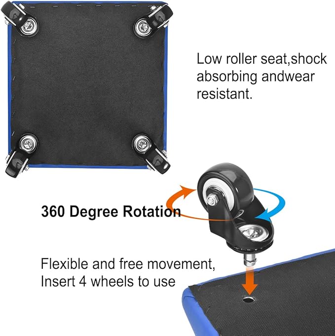 FLOLXNB Low Height Rolling Stool Low Roller Seat PU Leather Square Roller Seat Stool Low Rolling Chair for Home Office Fitness Garage (Blue)
