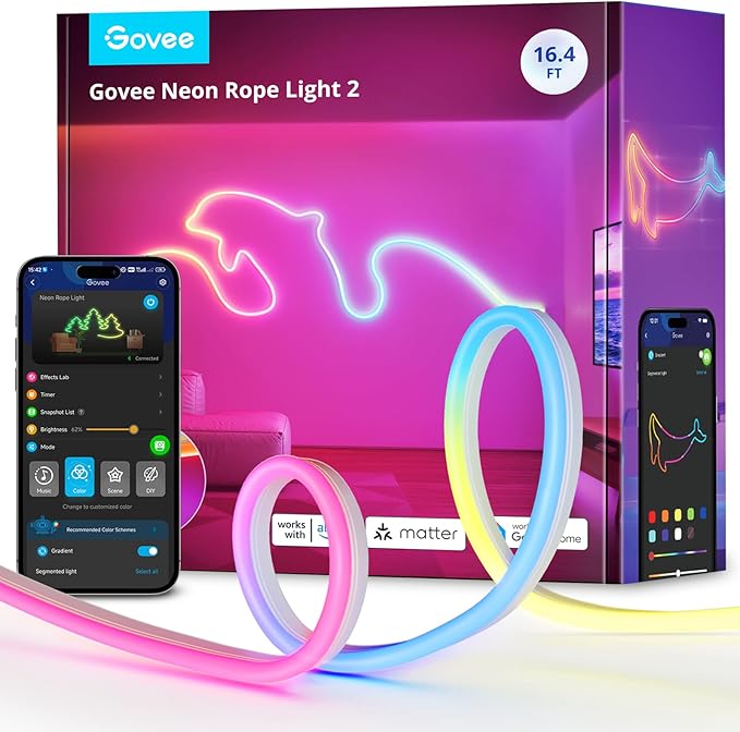 Govee RGBIC Neon Lights, LED Smart Neon Rope Light 2 Works with Matter, Alexa, Google Assistant, Custom DIY Neon Strip Lig...