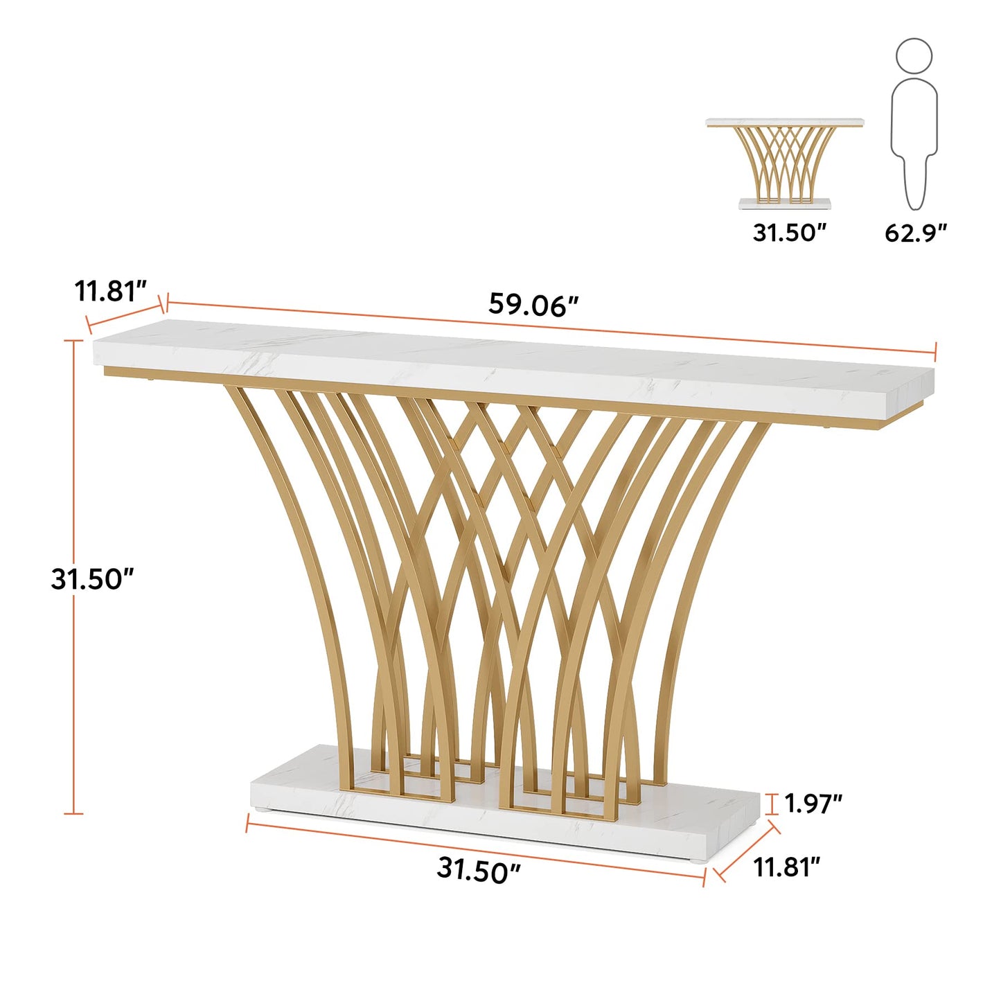 Tribesigns 59 inch Gold Console Table, Modern Entryway Table with Grid-Shaped Metal Base for Entrance, Hallway, Entryway, Living Room(White Faux Marble & Gold)