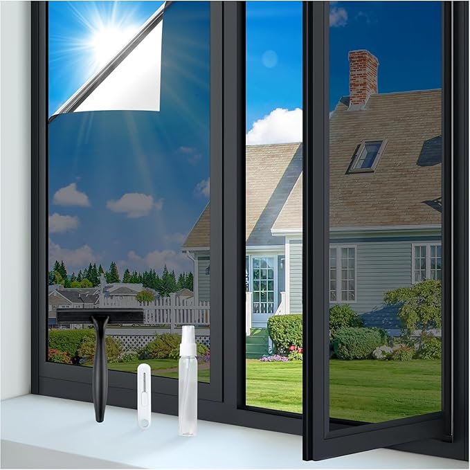 rabbitgoo One Way Window Privacy Film Tint with 3 Tools for Home, Sun Heat UV Blocking Control Reflective Adhesive Mirror Tint See Out Not in Office Door Covering, Black Silver, 35.4 x 118.1 inches