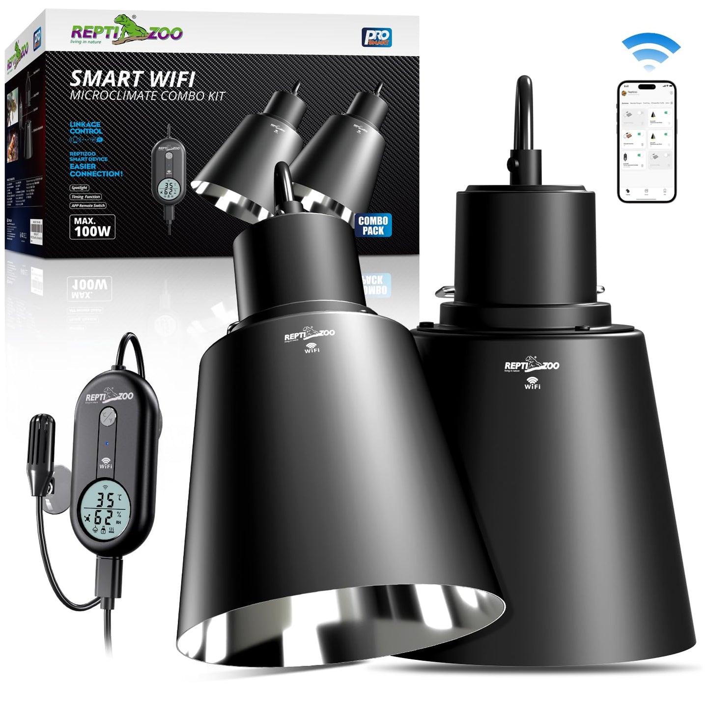 REPTI ZOO Smart WiFi Deep Dome Lamp Fixture & Thermostat Hygrostat Controller with Timing Combo, Reptile Light Fixture Reflector Cap, Day-Night Temperature & Humidity Monitor Control for Reptile Tank