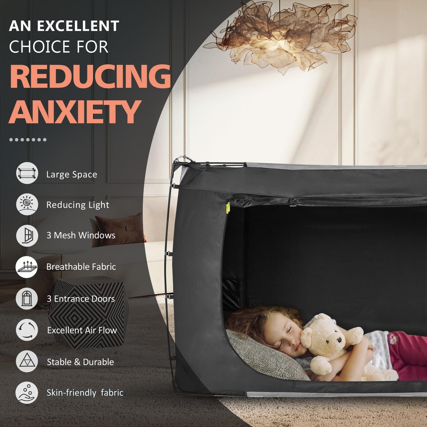 RIYDH Bed Tent Bed Canopy Queen Size Tents for Adult and Kids- Original Design Portable Dream Tent Indoor Sleeping Tents 80% Blackout with 3 Doors Breathable Big Space Tents