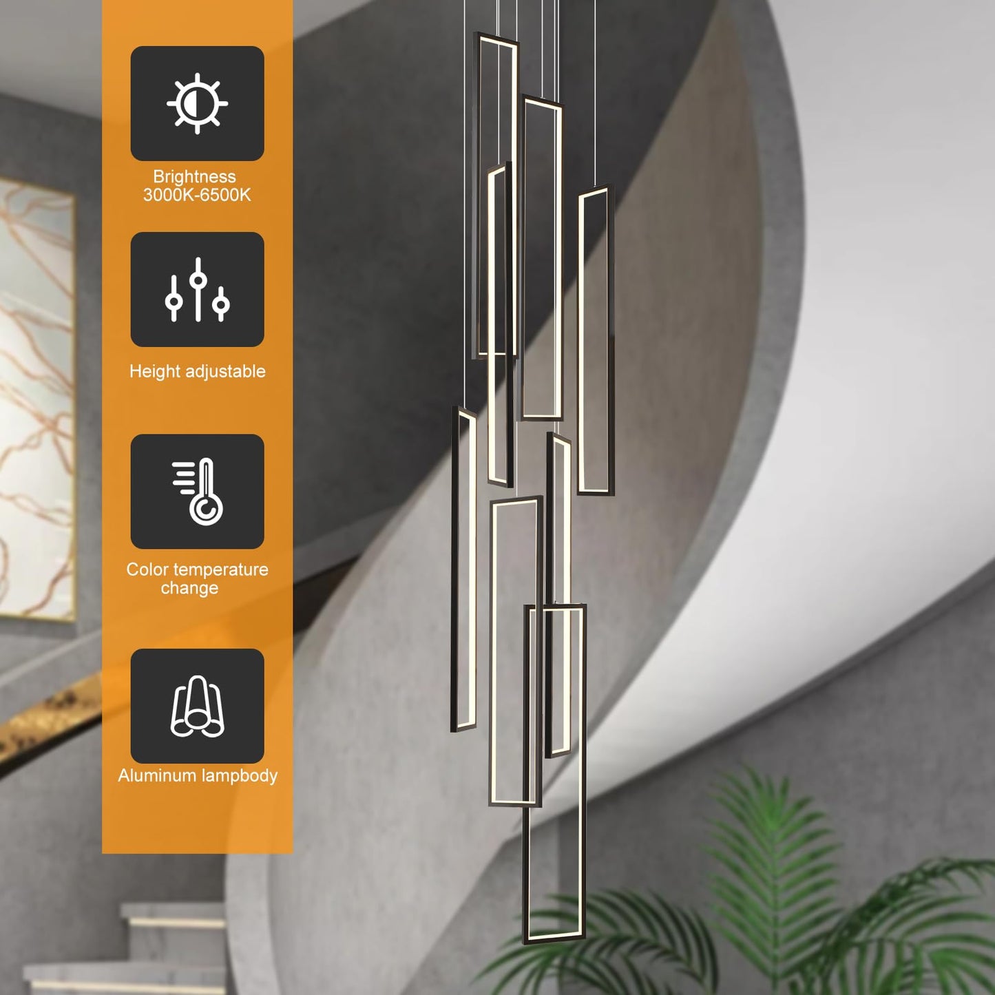 GEADI Foyer Chandelier for High Ceilings, 8-Light Modern Dimmable LED High Ceiling Pendant Light Fixture with Remote Control, Black Large Chandelier for Entryway, 3000-6500K