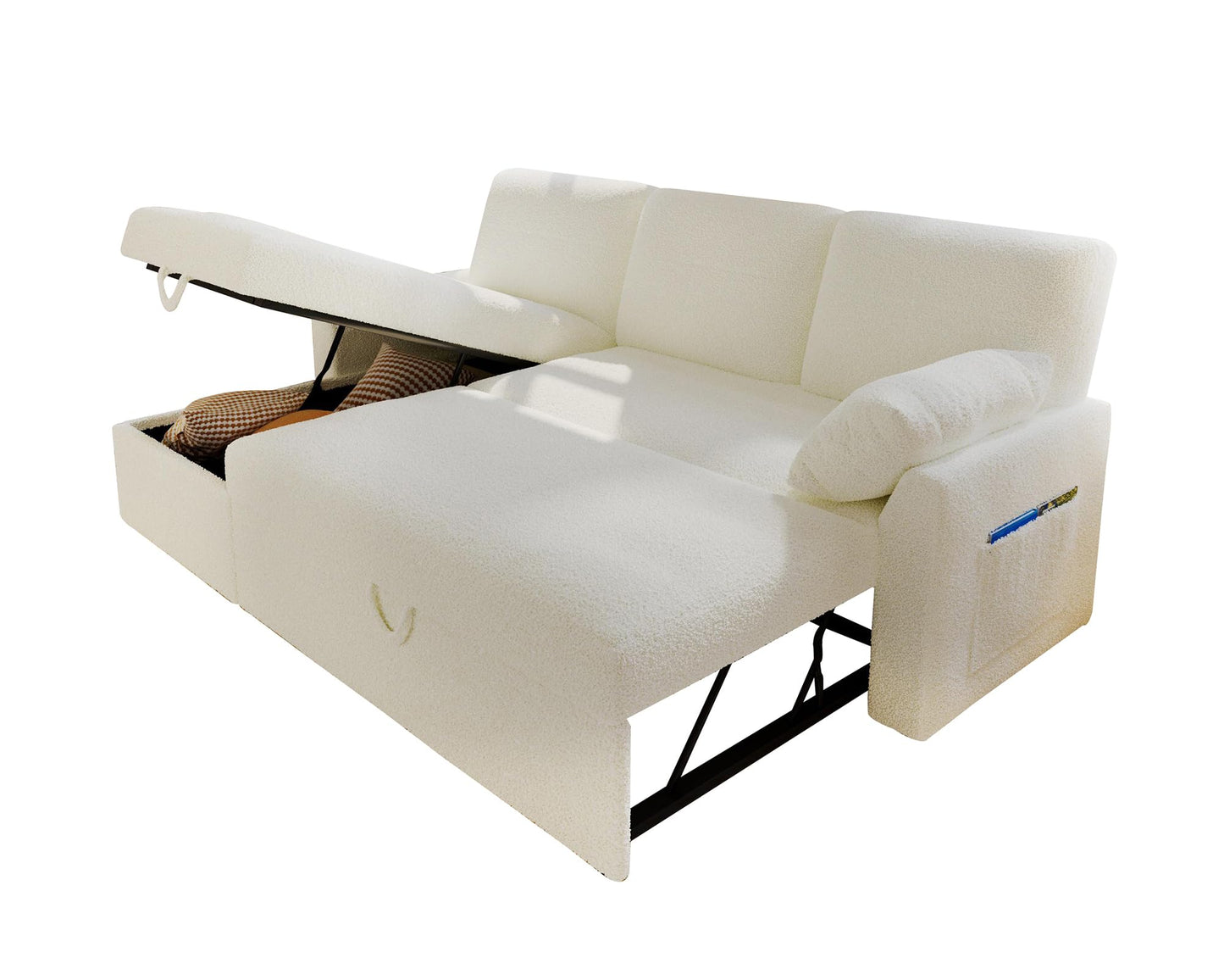 VanAcc Sofa Bed, Sleeper Sofa- 2 in 1 Pull Out Couch Bed with Storage Chaise for Living Room, White Sherpa 84in x 59in x 39in