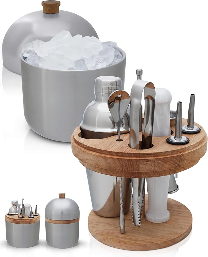 Gusto Nostro Cocktail Set Bartender Kit with Stainless Steel Ice Bucket - Complete Mixology Bar Tool Set with Wooden Organ...