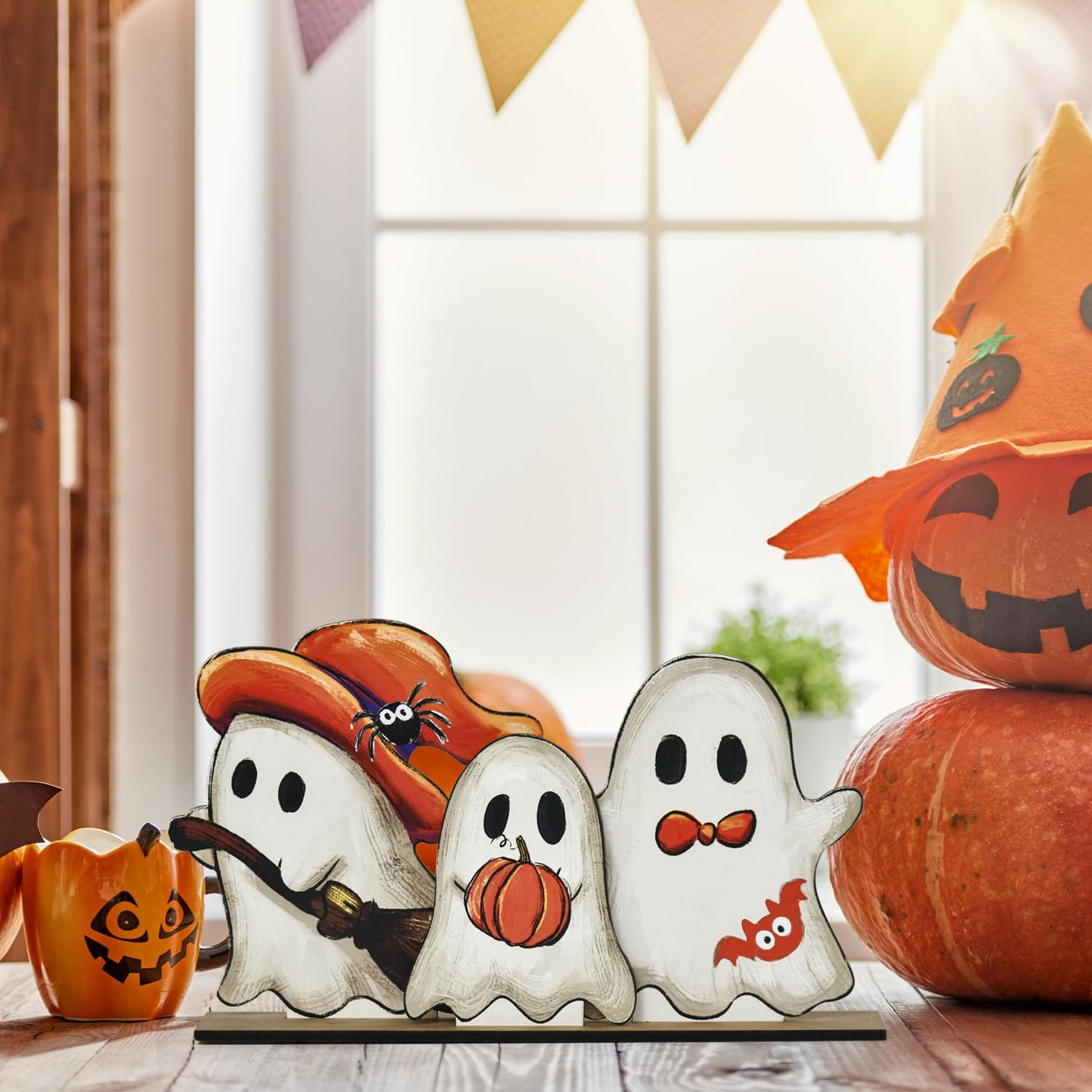 Smile Happy Halloween Wooden Table Decoration, Cute Ghost Spooky Standing Centerpieces, Indoor Decor for Desk Shelf and Party