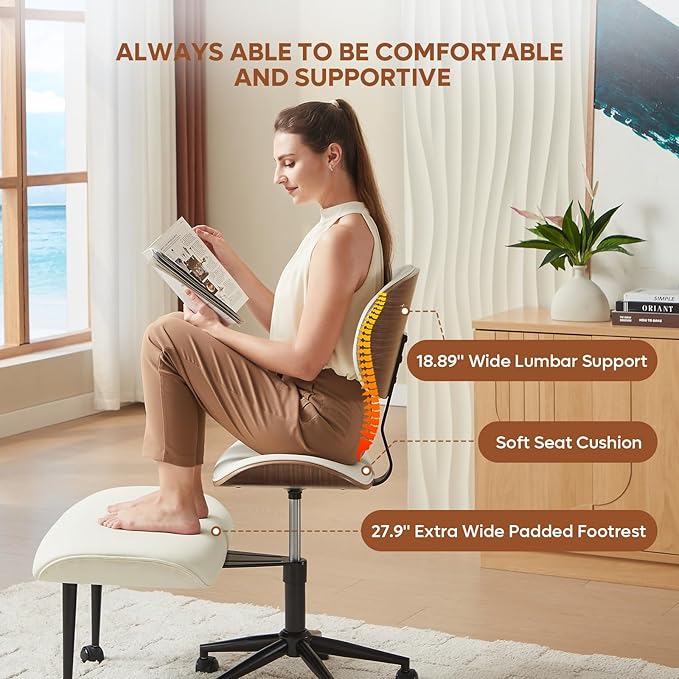 Bestier Cross Legged Office Chair with Wider Bentwood Back Support, Ergonomic Meditation Office Chair for Adults up to 300 lbs, 360° Swivel Adjustable Height for Multi Position White