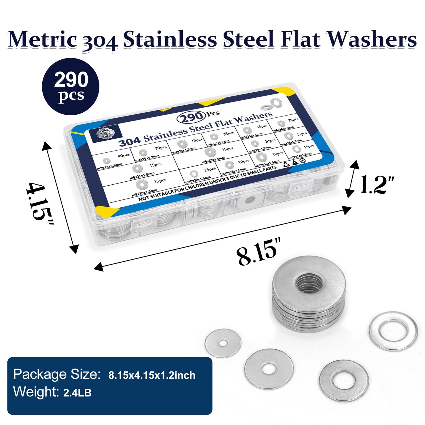 ZQZ 290Pcs Flat Washers, 304 Stainless Steel Fender Washers Assortment, 15 Different Sizes Wide Washer M3 M4 M5 M6 M8 M10 M12 Assorted Flatwashers Kit