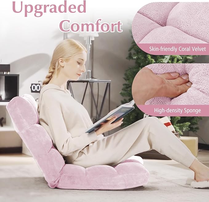 ARLIME Adjustable Floor Chair, 14-Position Lazy Sofa Chair with Back Support & Thick Padding, Portable Foldable Floor Couch for Adults, Use in Bedroom, Living Room, Home Theater (Light Pink)