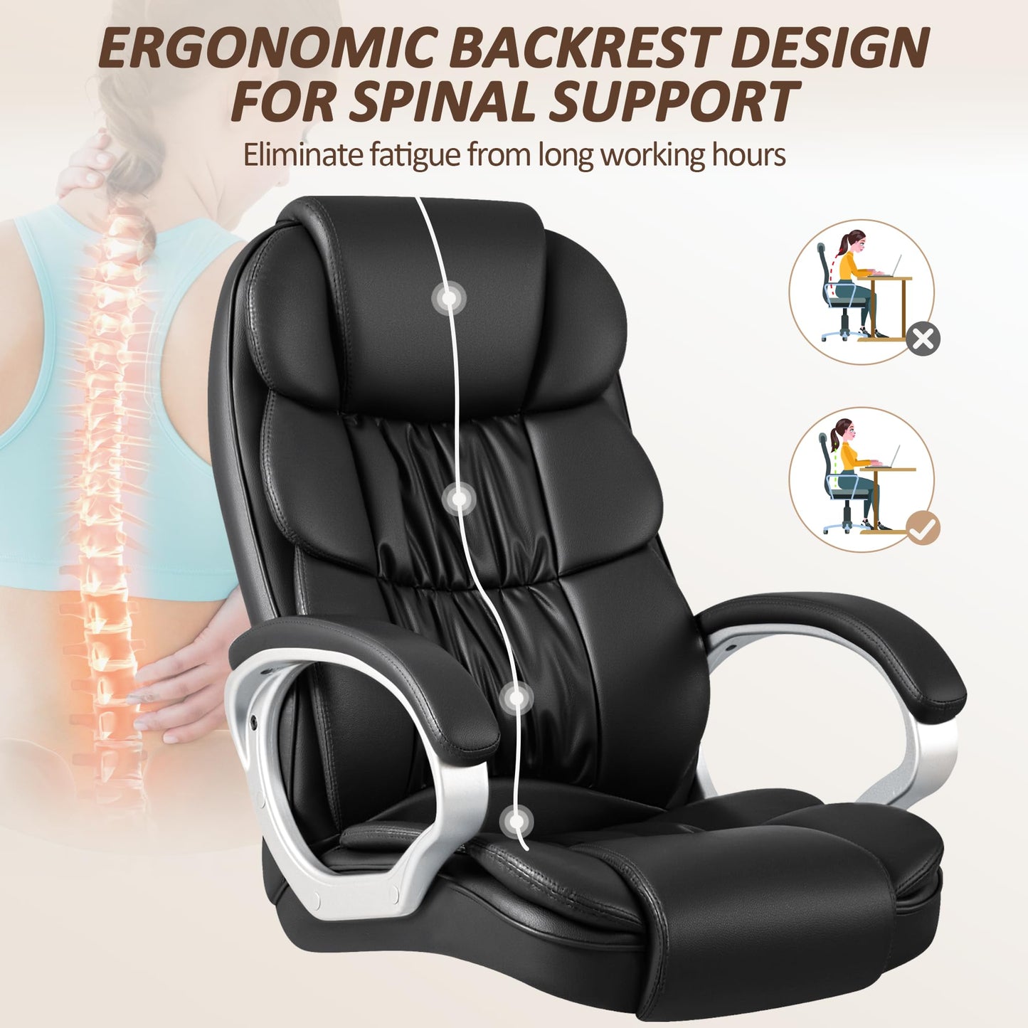 Homall Office Chair High Back Computer Desk Chair, PU Leather Adjustable Height Modern Executive Swivel Task Chair with Padded Armrests and Lumbar Support (Black)