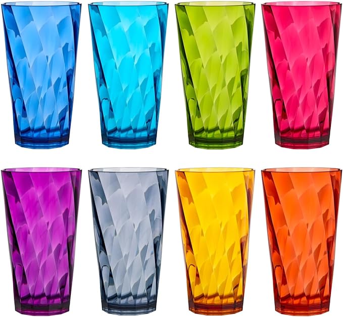 US Acrylic Optix Plastic Reusable Drinking Glasses (Set of 8) 20oz Water Cups in Jewel Tone Colors | BPA-Free Tumblers, Ma...